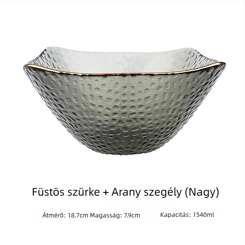 Üveg salátás tál arany kerettel, négyszögletes kalap alakú forma, japán stílusú, zöldségek és gyümölcsök számára