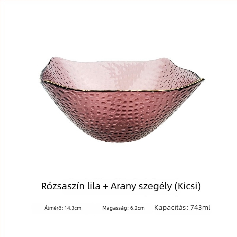 Üveg salátás tál arany kerettel, négyszögletes kalap alakú forma, japán stílusú, zöldségek és gyümölcsök számára