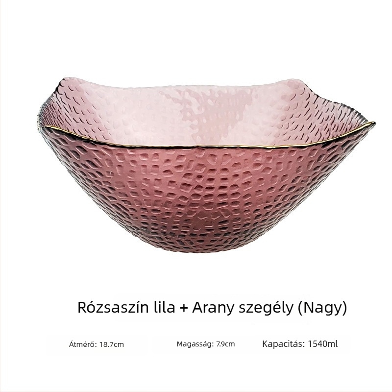 Üveg salátás tál arany kerettel, négyszögletes kalap alakú forma, japán stílusú, zöldségek és gyümölcsök számára