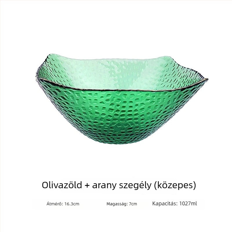 Üveg salátás tál arany kerettel, négyszögletes kalap alakú forma, japán stílusú, zöldségek és gyümölcsök számára