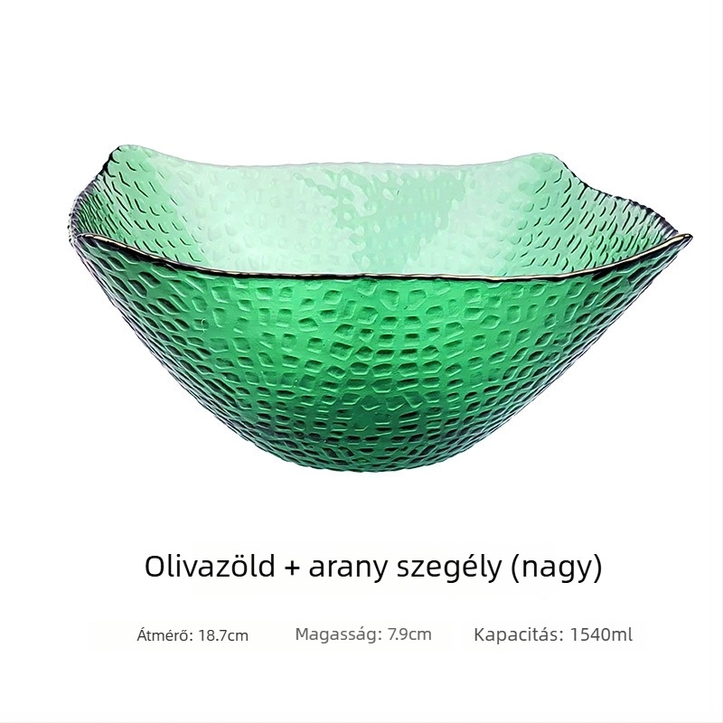 Üveg salátás tál arany kerettel, négyszögletes kalap alakú forma, japán stílusú, zöldségek és gyümölcsök számára