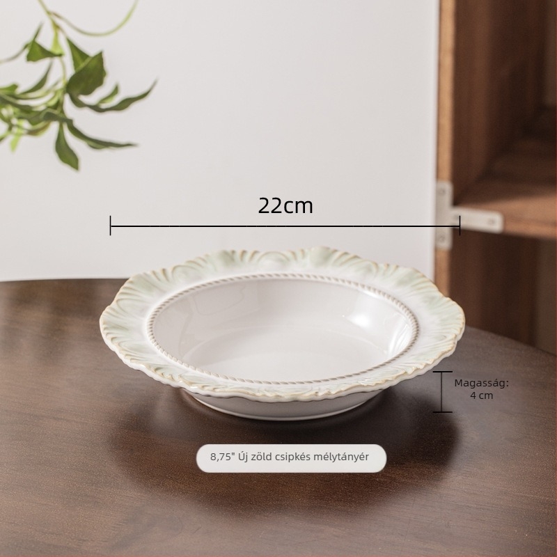 Új zöld sorozat porcelán étkészlet aláglazúrozott színű rizstál és vintage csipke szegély