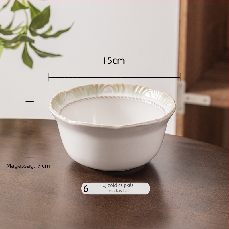 Új zöld sorozat porcelán étkészlet aláglazúrozott színű rizstál és vintage csipke szegély