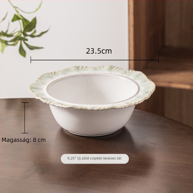 Új zöld sorozat porcelán étkészlet aláglazúrozott színű rizstál és vintage csipke szegély