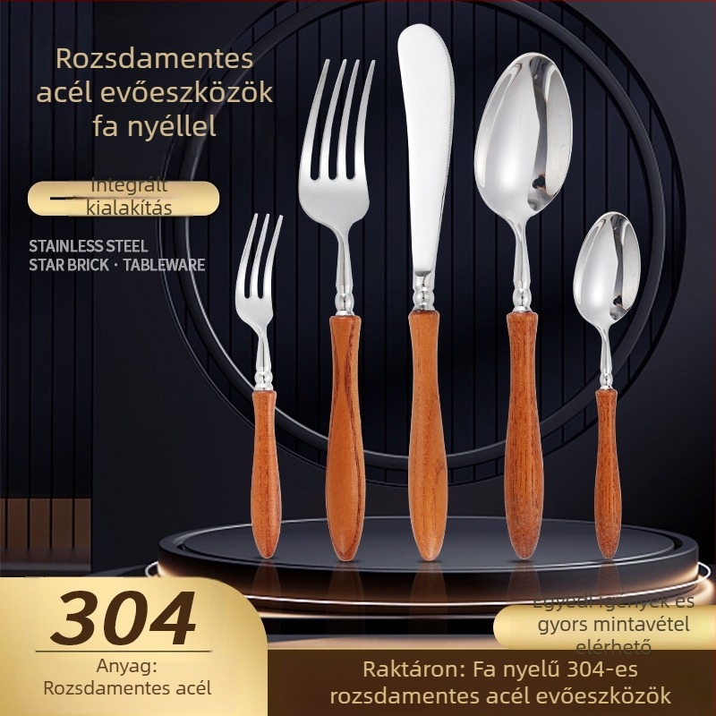 304 rozsdamentes acél étkészlet rózsafa fogantyúval – kés, villa és kanál szállodai, nyugati étkezési stílushoz és otthoni használatra