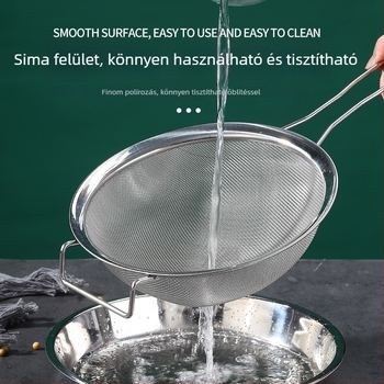 201 rozsdamentes acélból készült leszűrőedény sűrű hálóval, kettős füllel, olajelválasztóval és lisztszitával, széles peremmel