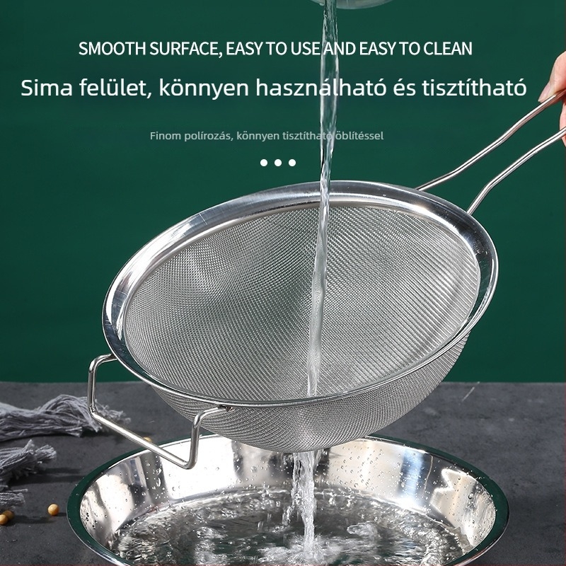 201 rozsdamentes acélból készült leszűrőedény sűrű hálóval, kettős füllel, olajelválasztóval és lisztszitával, széles peremmel