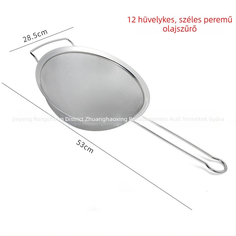 201 rozsdamentes acélból készült leszűrőedény sűrű hálóval, kettős füllel, olajelválasztóval és lisztszitával, széles peremmel