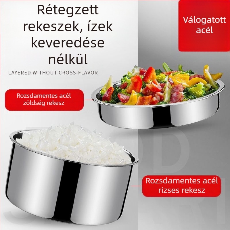 Kétszintes rozsdamentes acél szigetelt edény fogantyúval, háromrészes ebédes doboz felnőtteknek, nagy kapacitás