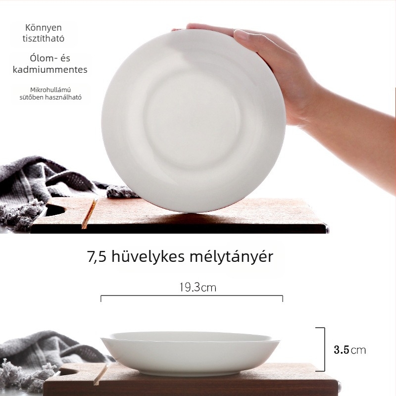Fehér csontporcelán mély tányér, kerek, otthonra és szállodába használható, modern minimalist dizájn