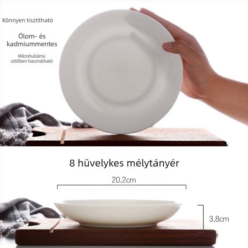 Fehér csontporcelán mély tányér, kerek, otthonra és szállodába használható, modern minimalist dizájn