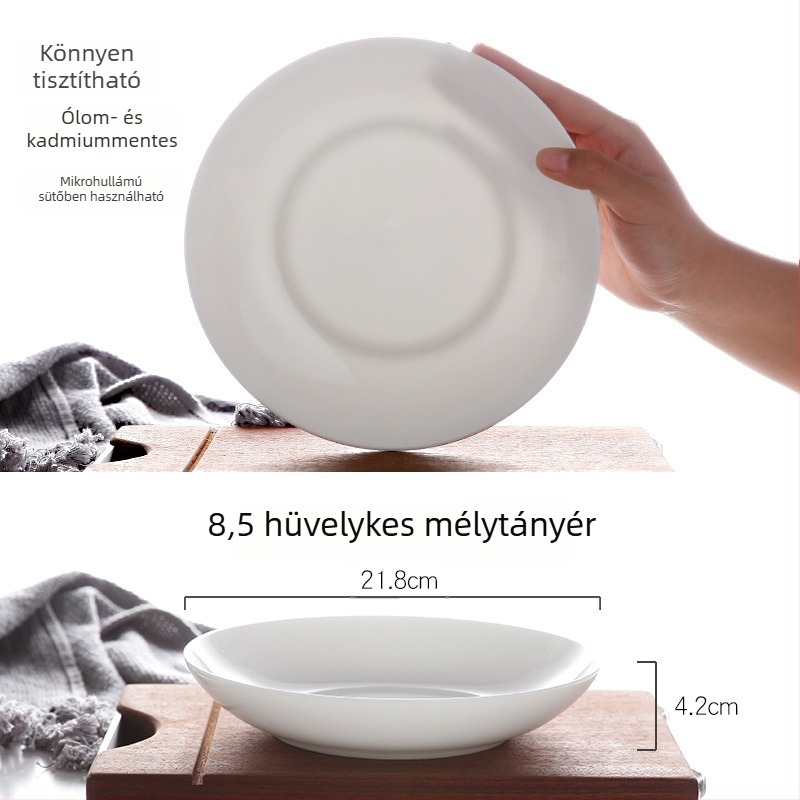 Fehér csontporcelán mély tányér, kerek, otthonra és szállodába használható, modern minimalist dizájn