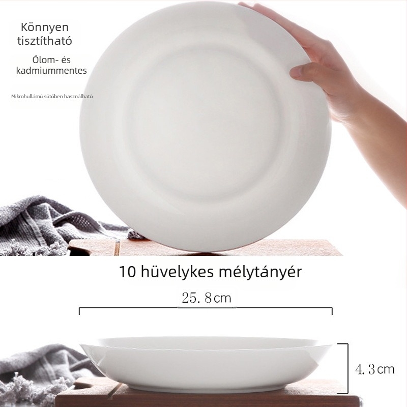Fehér csontporcelán mély tányér, kerek, otthonra és szállodába használható, modern minimalist dizájn
