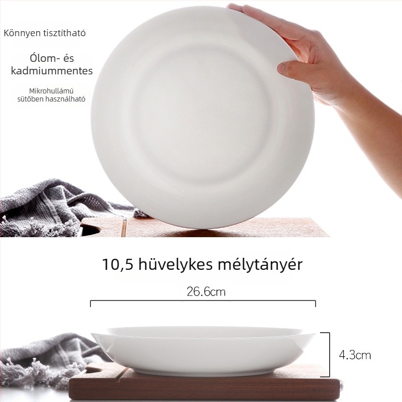 Fehér csontporcelán mély tányér, kerek, otthonra és szállodába használható, modern minimalist dizájn