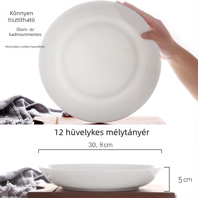 Fehér csontporcelán mély tányér, kerek, otthonra és szállodába használható, modern minimalist dizájn