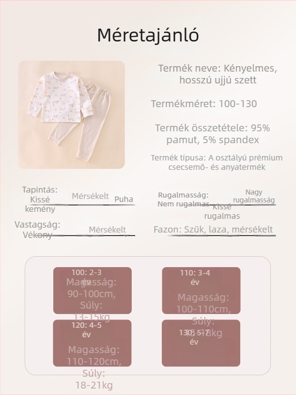 Gyerekeknek szóló kétszemélyes termikus készlet, magas derékkal a has védelemért, bolyhosított pamutból, őszi-téli