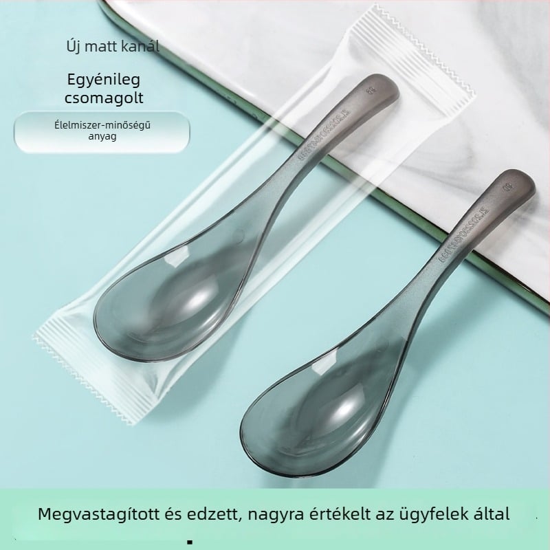 Egyszer használatos műanyag leveskanál, egyenként csomagolt, élelmiszer-minőségű, elvitelre és gyorséttermi használatra, megvastagodott és megkeményedett