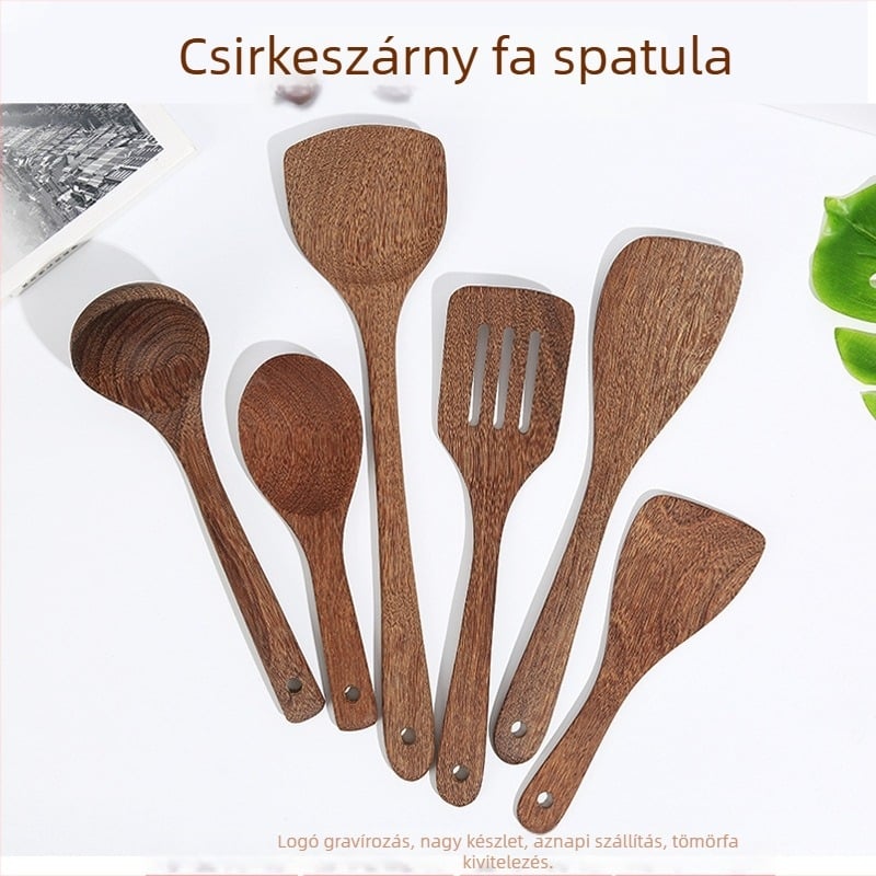 Fából készült kanál- és spatula-készlet, lakkozás nélkül, gravírozott logóval
