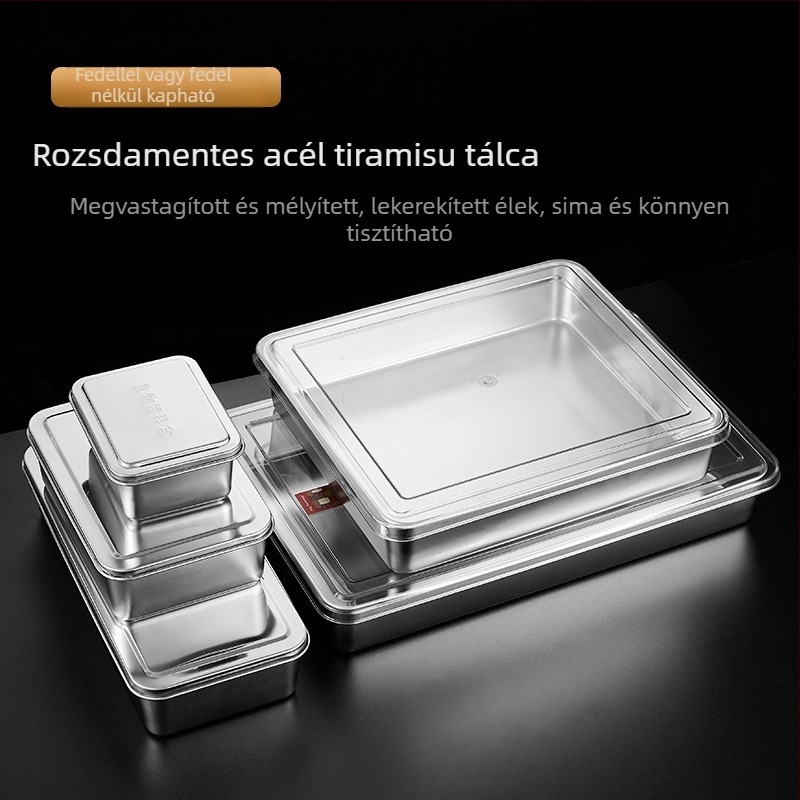 Rozsdamentes acél négyszögletes fedeles tál, tiramisú készítő tál, gőzölésre és sütésre, átmérő 18–18.9 cm