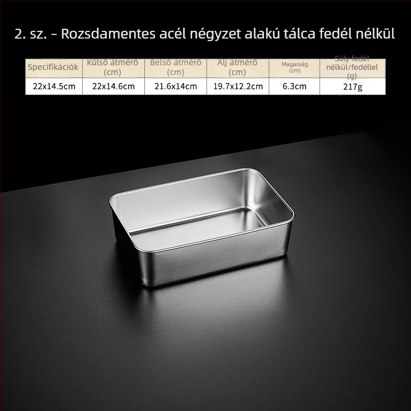 Rozsdamentes acél négyszögletes fedeles tál, tiramisú készítő tál, gőzölésre és sütésre, átmérő 18–18.9 cm