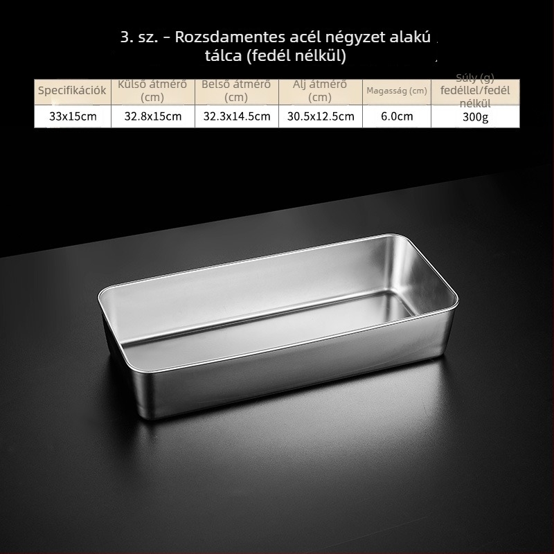 Rozsdamentes acél négyszögletes fedeles tál, tiramisú készítő tál, gőzölésre és sütésre, átmérő 18–18.9 cm