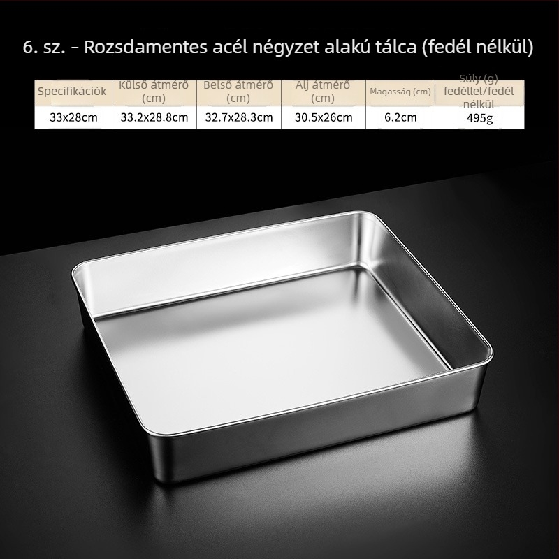Rozsdamentes acél négyszögletes fedeles tál, tiramisú készítő tál, gőzölésre és sütésre, átmérő 18–18.9 cm