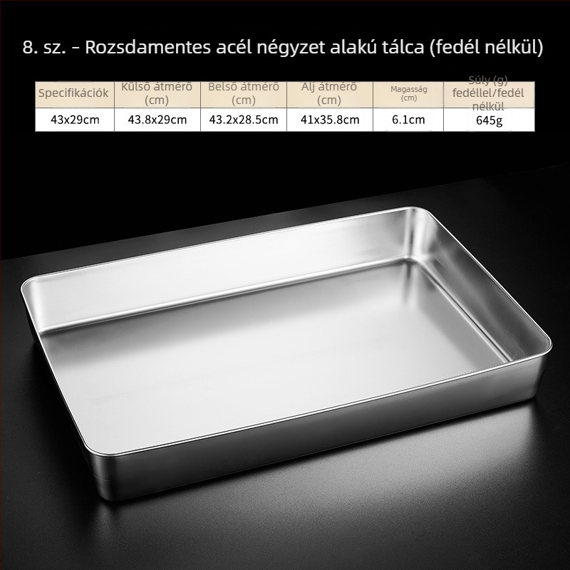 Rozsdamentes acél négyszögletes fedeles tál, tiramisú készítő tál, gőzölésre és sütésre, átmérő 18–18.9 cm