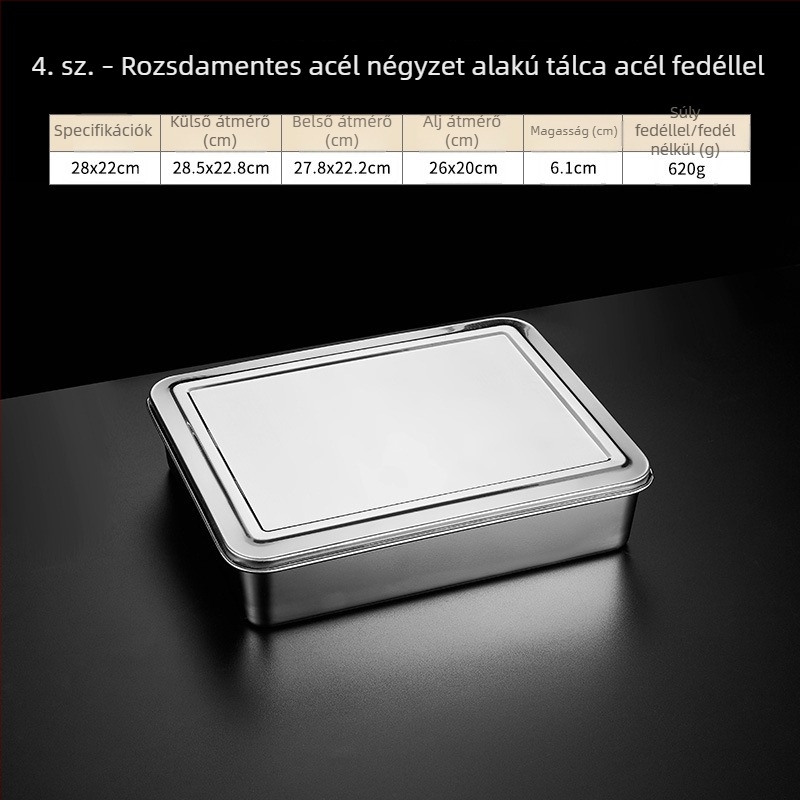 Rozsdamentes acél négyszögletes fedeles tál, tiramisú készítő tál, gőzölésre és sütésre, átmérő 18–18.9 cm