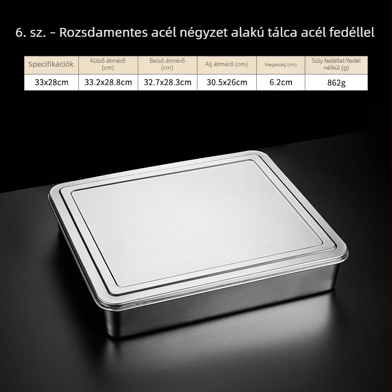 Rozsdamentes acél négyszögletes fedeles tál, tiramisú készítő tál, gőzölésre és sütésre, átmérő 18–18.9 cm