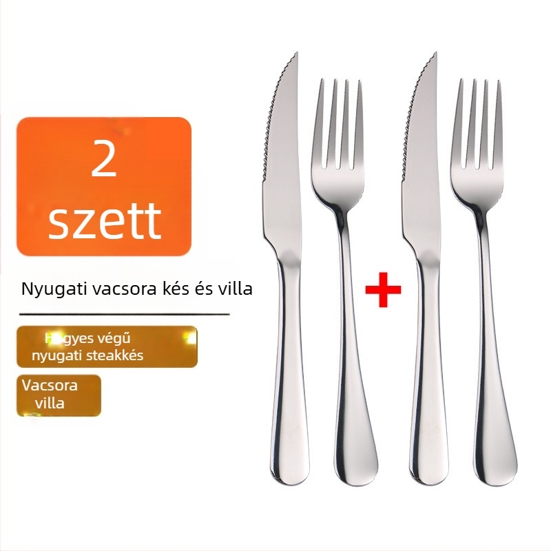 Rozsdamentes acélból készült nyugati stílusú evőeszköz-készlet: steak kés, villa és kanál háztartási vagy éttermi használatra