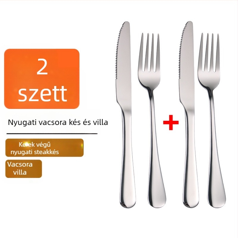 Rozsdamentes acélból készült nyugati stílusú evőeszköz-készlet: steak kés, villa és kanál háztartási vagy éttermi használatra