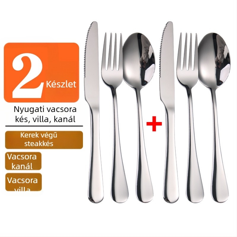Rozsdamentes acélból készült nyugati stílusú evőeszköz-készlet: steak kés, villa és kanál háztartási vagy éttermi használatra