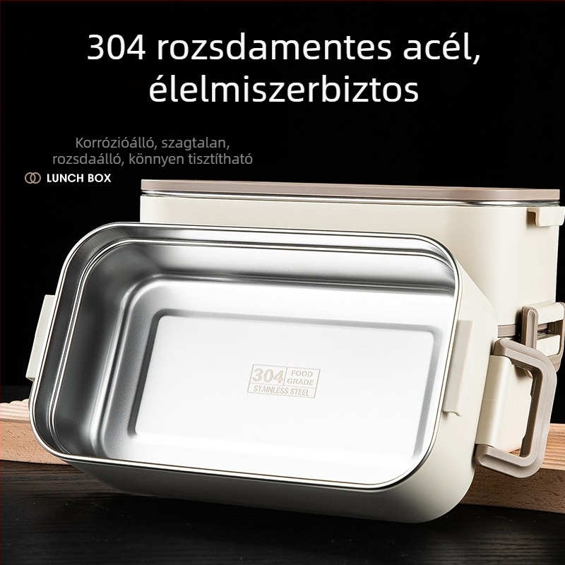 304 rozsdamentes acél ebédes doboz, téglalap alakú, szigetelt, dupla rekesz, irodai dolgozóknak, 1-2 L kapacitás