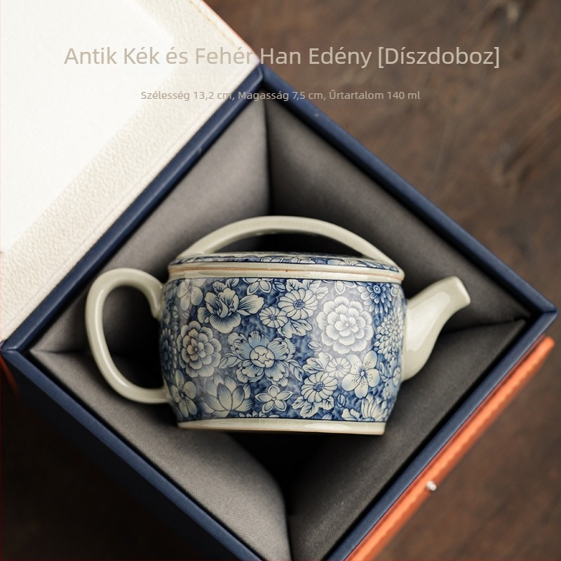 Porcelán teáskanna kék-fehér glazúrral, Han-tégla stílusban, Gongfu teás készlet kiegészítőkkel