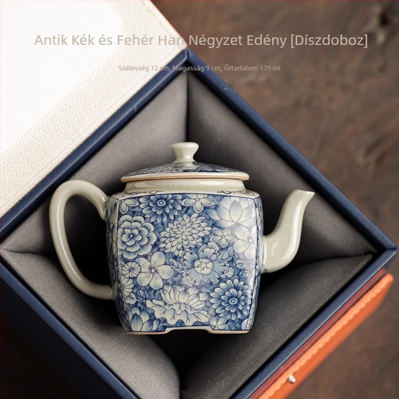 Porcelán teáskanna kék-fehér glazúrral, Han-tégla stílusban, Gongfu teás készlet kiegészítőkkel
