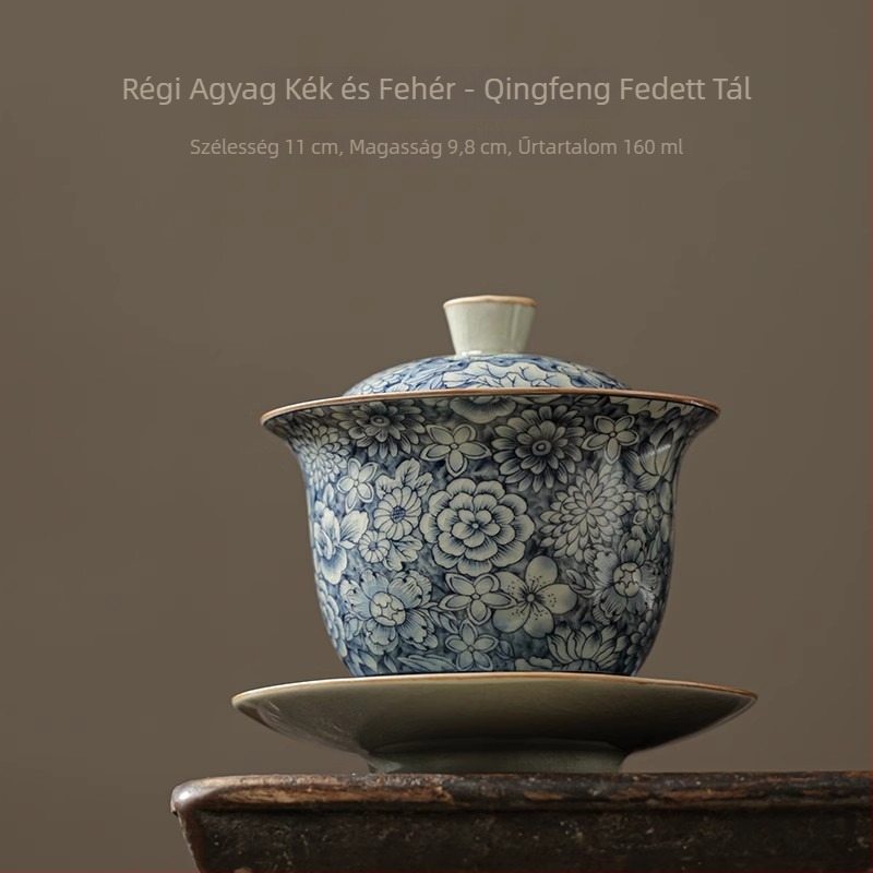 Porcelán teáskanna kék-fehér glazúrral, Han-tégla stílusban, Gongfu teás készlet kiegészítőkkel