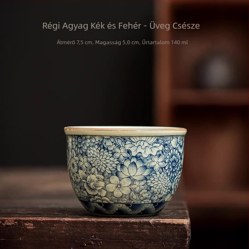 Porcelán teáskanna kék-fehér glazúrral, Han-tégla stílusban, Gongfu teás készlet kiegészítőkkel