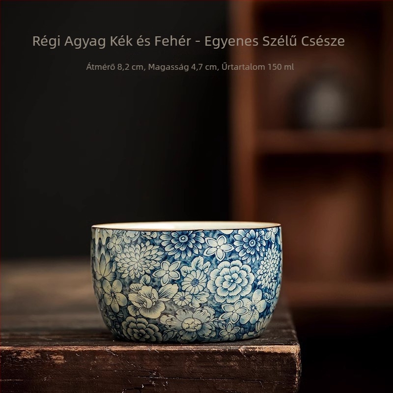 Porcelán teáskanna kék-fehér glazúrral, Han-tégla stílusban, Gongfu teás készlet kiegészítőkkel