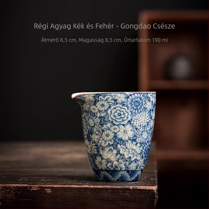 Porcelán teáskanna kék-fehér glazúrral, Han-tégla stílusban, Gongfu teás készlet kiegészítőkkel