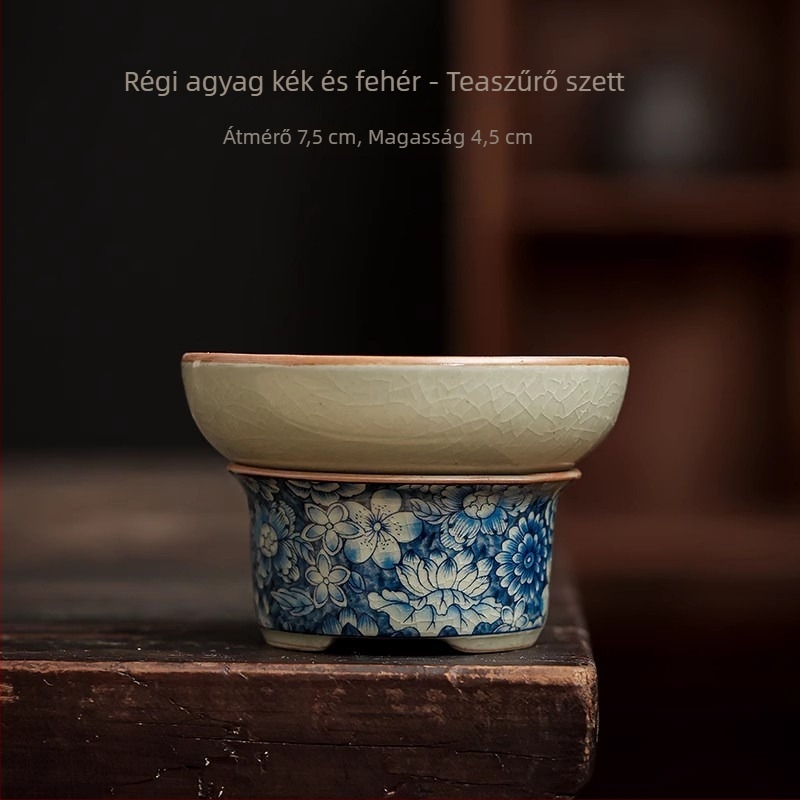 Porcelán teáskanna kék-fehér glazúrral, Han-tégla stílusban, Gongfu teás készlet kiegészítőkkel