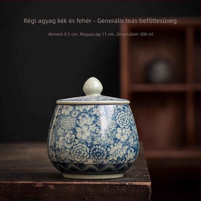 Porcelán teáskanna kék-fehér glazúrral, Han-tégla stílusban, Gongfu teás készlet kiegészítőkkel