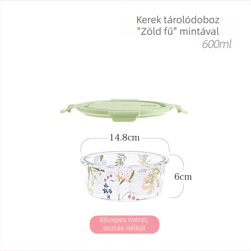 Üvegből készült ételtároló edény fedővel, magas hőmérsékletnek ellenálló, hengeres formájú, 501–800 ml, mikrózható.