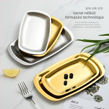 Rozsdamentes acél grill lemez, téglalap alakú tálca, sokoldalú tál, arany színű, koreai stílus