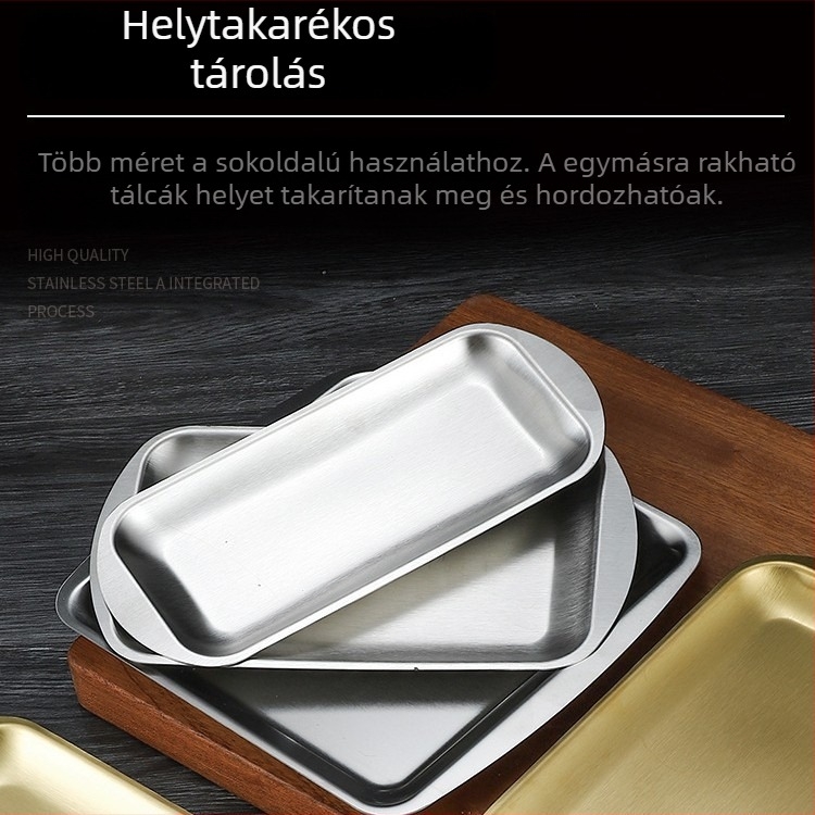 Rozsdamentes acél grill lemez, téglalap alakú tálca, sokoldalú tál, arany színű, koreai stílus