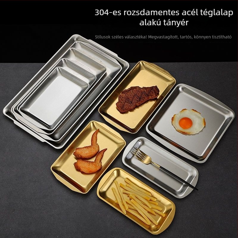 Rozsdamentes acél grill lemez, téglalap alakú tálca, sokoldalú tál, arany színű, koreai stílus