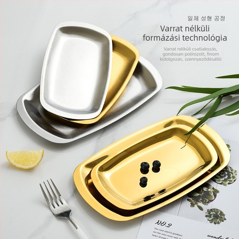Rozsdamentes acél grill lemez, téglalap alakú tálca, sokoldalú tál, arany színű, koreai stílus