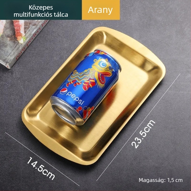 Rozsdamentes acél grill lemez, téglalap alakú tálca, sokoldalú tál, arany színű, koreai stílus
