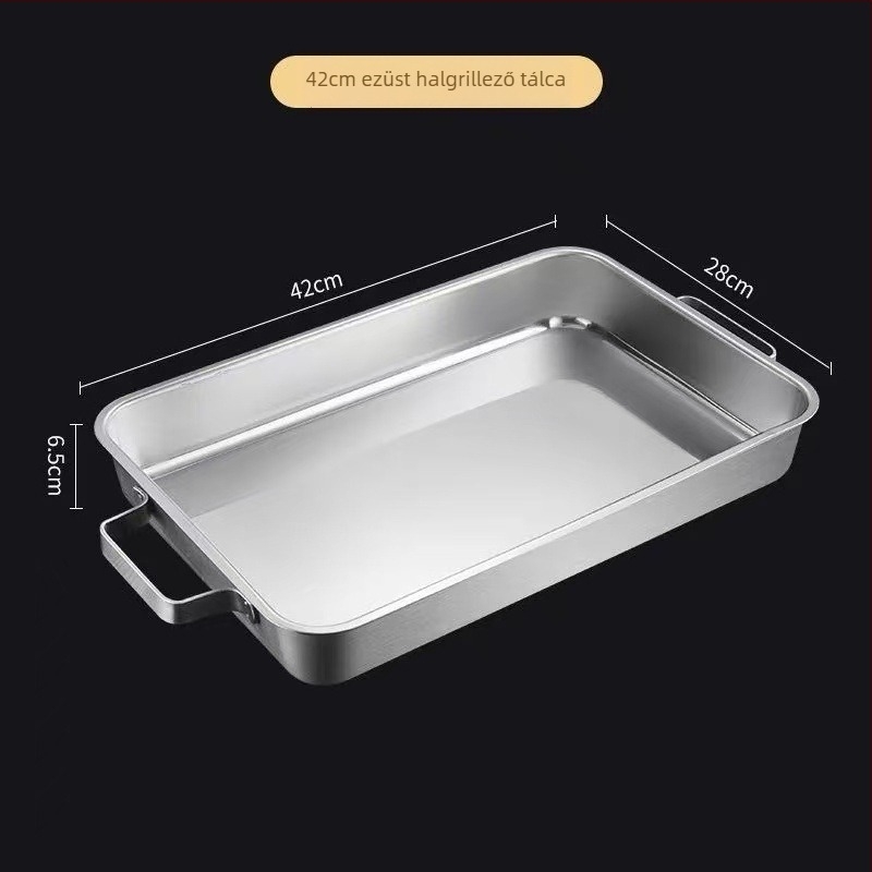 Koreai stílusú, rendkívül vastag rozsdamentes acél grill tálca halakhoz és tengeri ételekhez, dupla fogantyúval, téglalap alakú sík aljzatú, indukciós főzőlaphoz