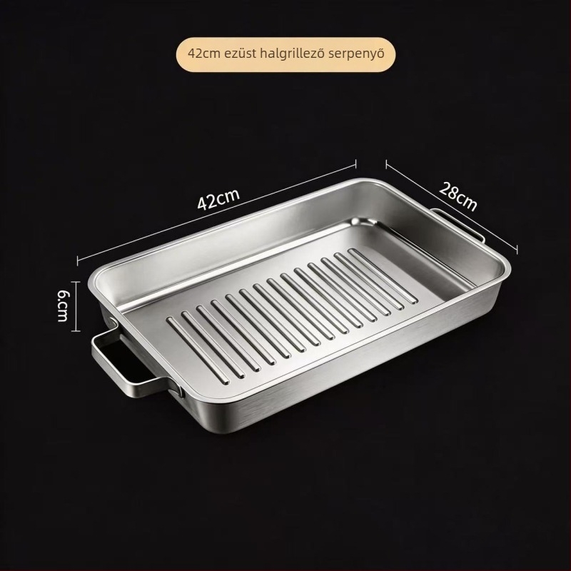 Koreai stílusú, rendkívül vastag rozsdamentes acél grill tálca halakhoz és tengeri ételekhez, dupla fogantyúval, téglalap alakú sík aljzatú, indukciós főzőlaphoz