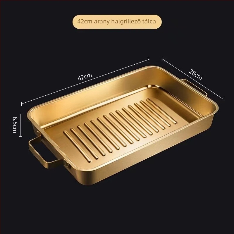 Koreai stílusú, rendkívül vastag rozsdamentes acél grill tálca halakhoz és tengeri ételekhez, dupla fogantyúval, téglalap alakú sík aljzatú, indukciós főzőlaphoz